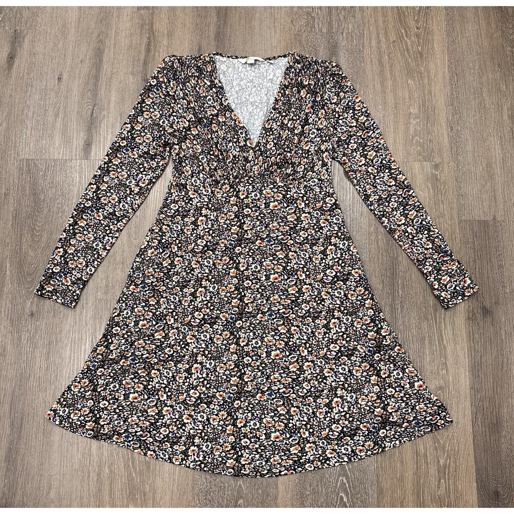 Boden Dress 6 Black Floral Mini Long Sleeve Pockets Summer Stretch Jersey Knit